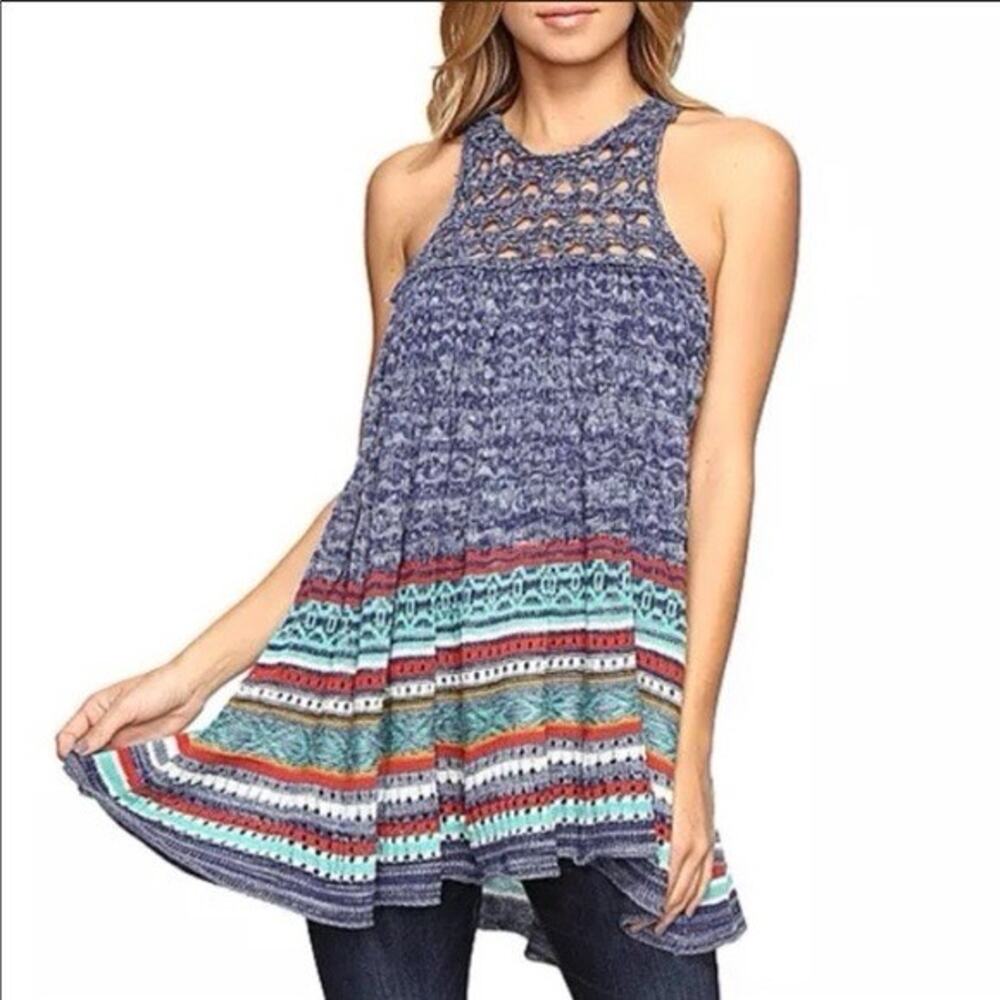 Free People Women’s Sweater Knit Rare Hearts Striped Blue Swing Tank Top Sz L - Picture 2 of 8
